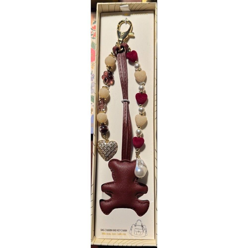 NEW Eye Candy Faux Leather Bear/Beads/Heart Gold Tone Bag Charmor Keychain